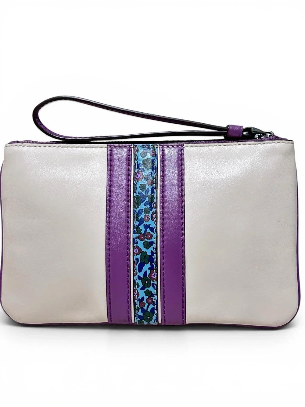 COACH Ranch Floral Stripe Smooth Leather Large Wristlet in Chalk